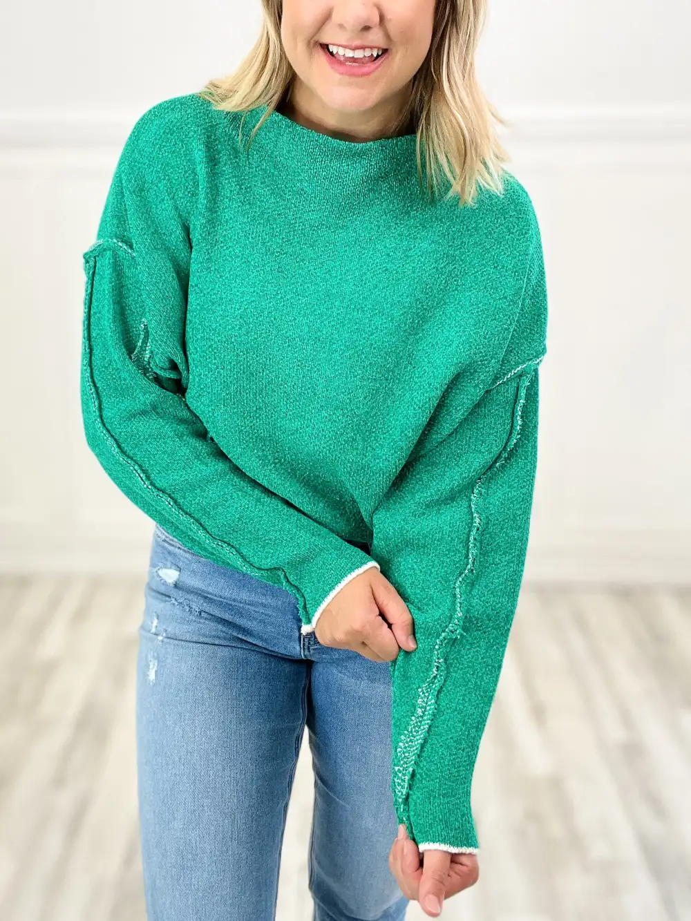 Oversized Mock Neck Raw Seam Chenille Sweater - Set B