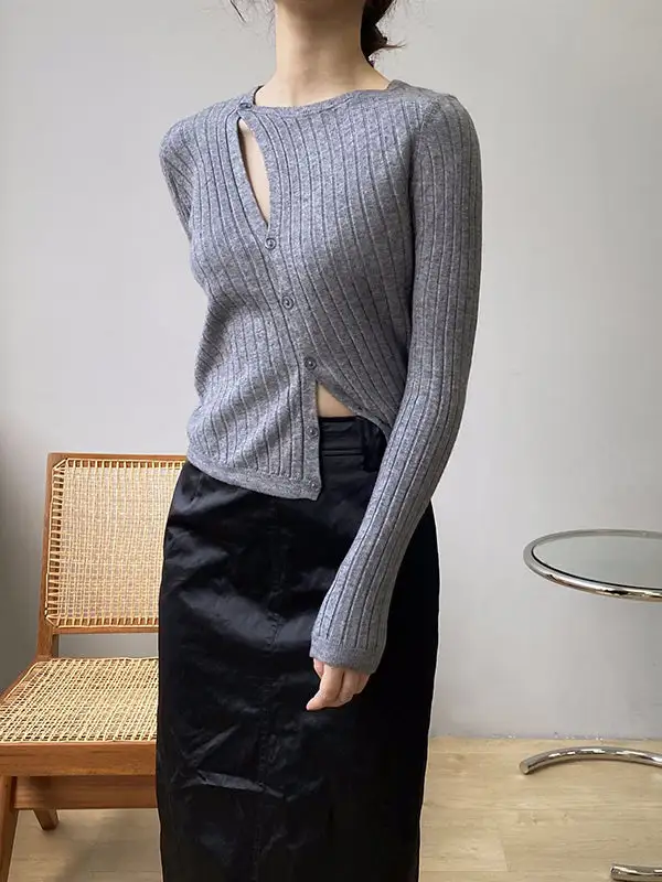 Fashion Asymmetric Solid Color Round-Neck Sweater Top