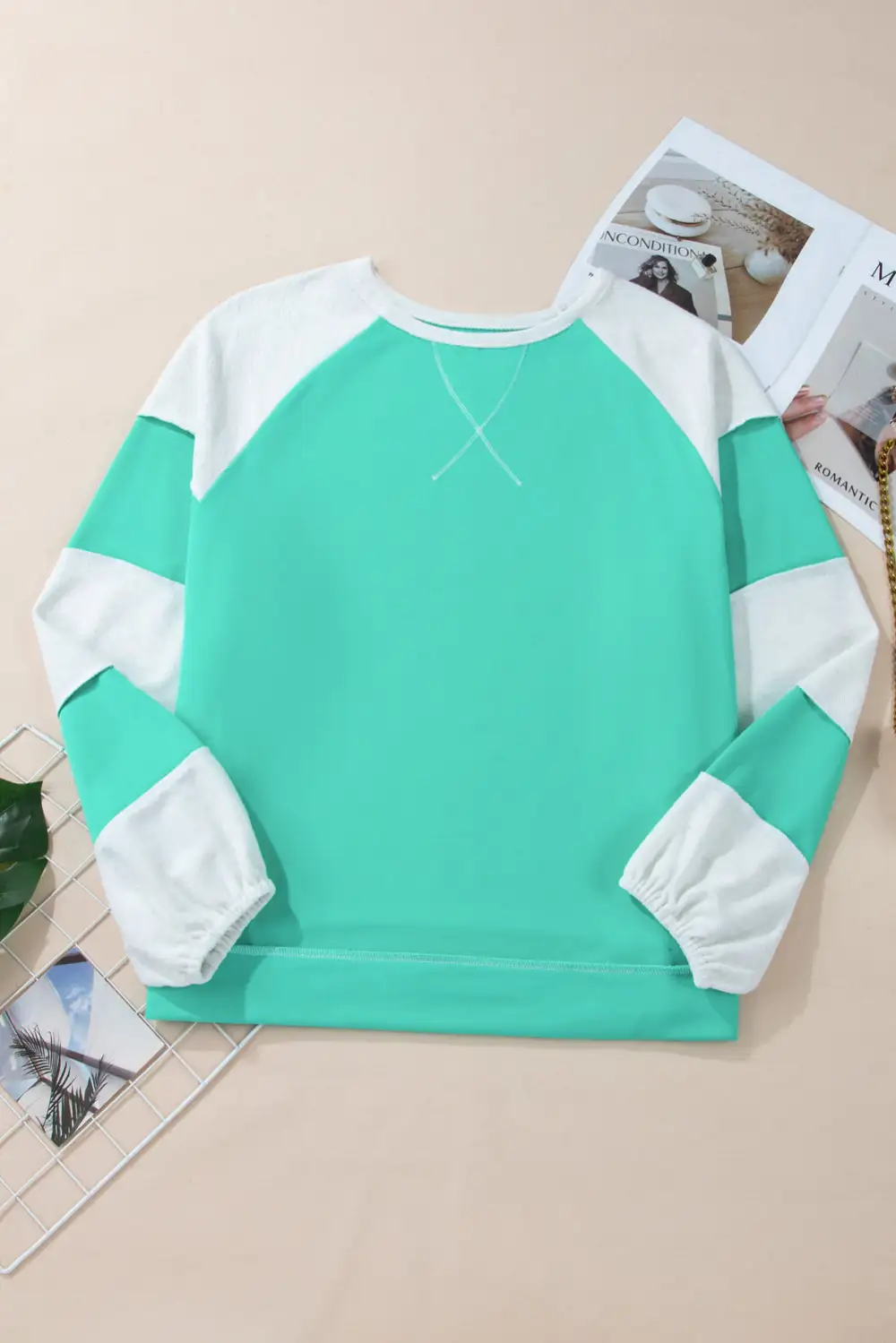 Aruba Blue Colorblock Patchwork Plus Sweatshirt