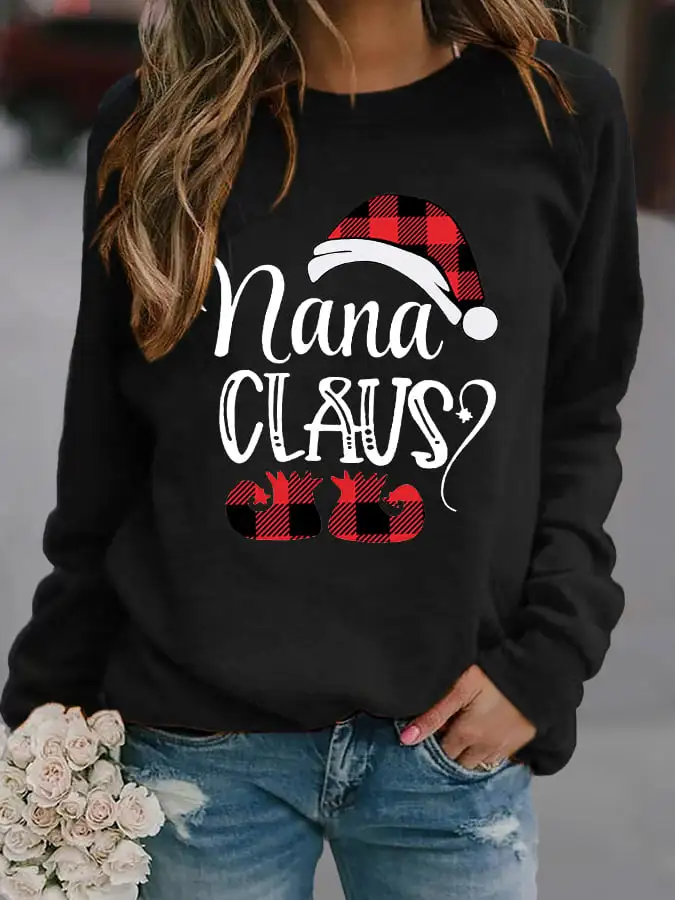 Women's Casual Nana Claus Print Long Sleeve Sweatshirt