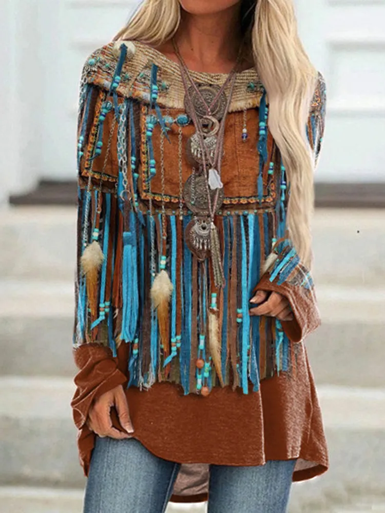 Western Fringe Print Crew Neck Long Sleeve Tunic