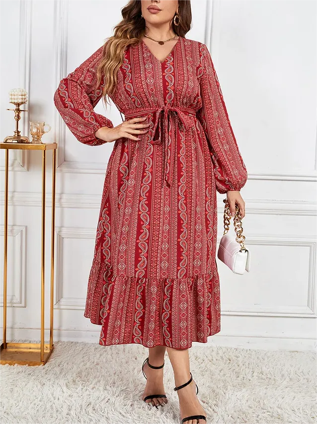 Plus Bandana Print V-Neck Lantern Sleeve Ruched Maxi Dress