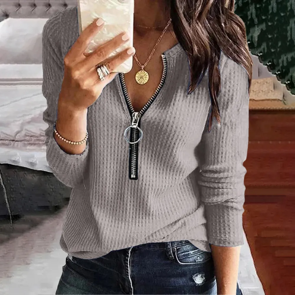 Solid Color V-Neck Zipper Long Sleeved Casual T-Shirt