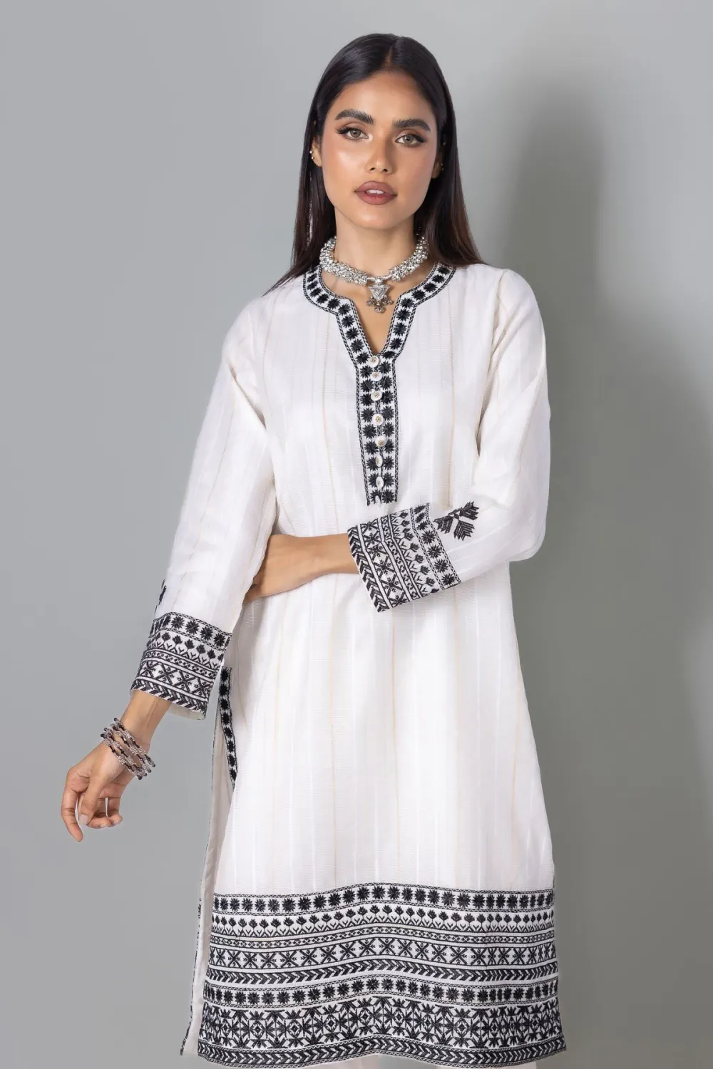 3 Piece Kurta Embroidered | Dupatta& Bottom & Tops | Color Gray and white