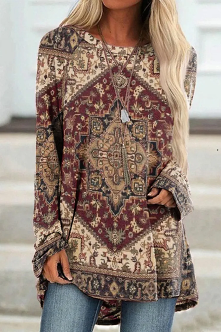 Ethnic Tribal Printed Round Neck Long Sleeve T-Shirt