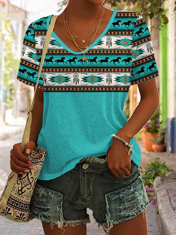 Western Print V-Neck Short Sleeved T-Shirt