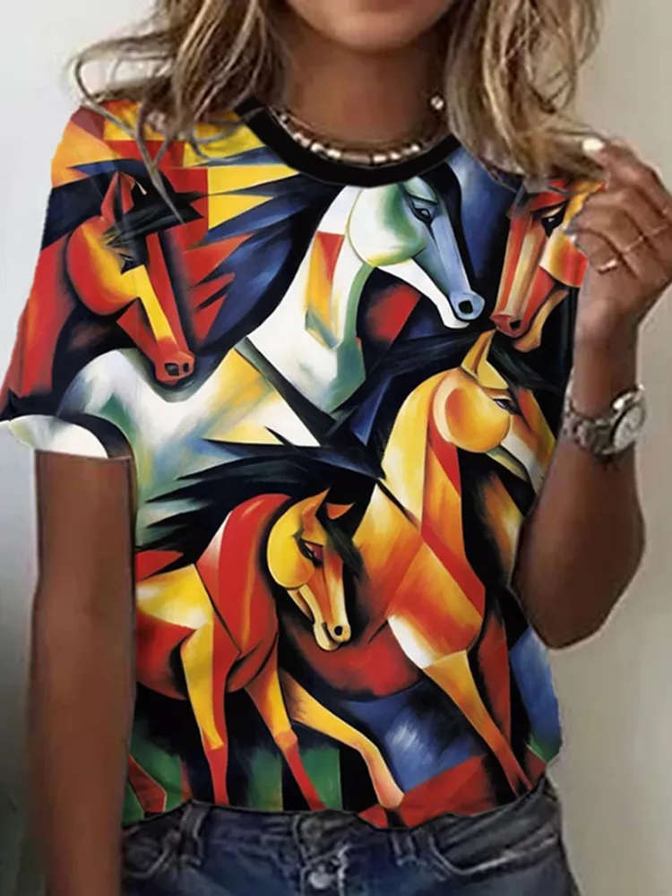 Women'S Multicolor Horse Printed T-Shirt