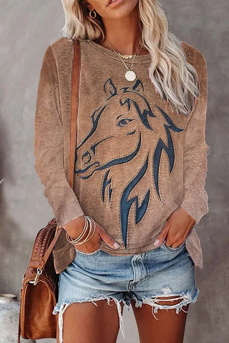 Vintage Horse Print Long Sleeve T-Shirt