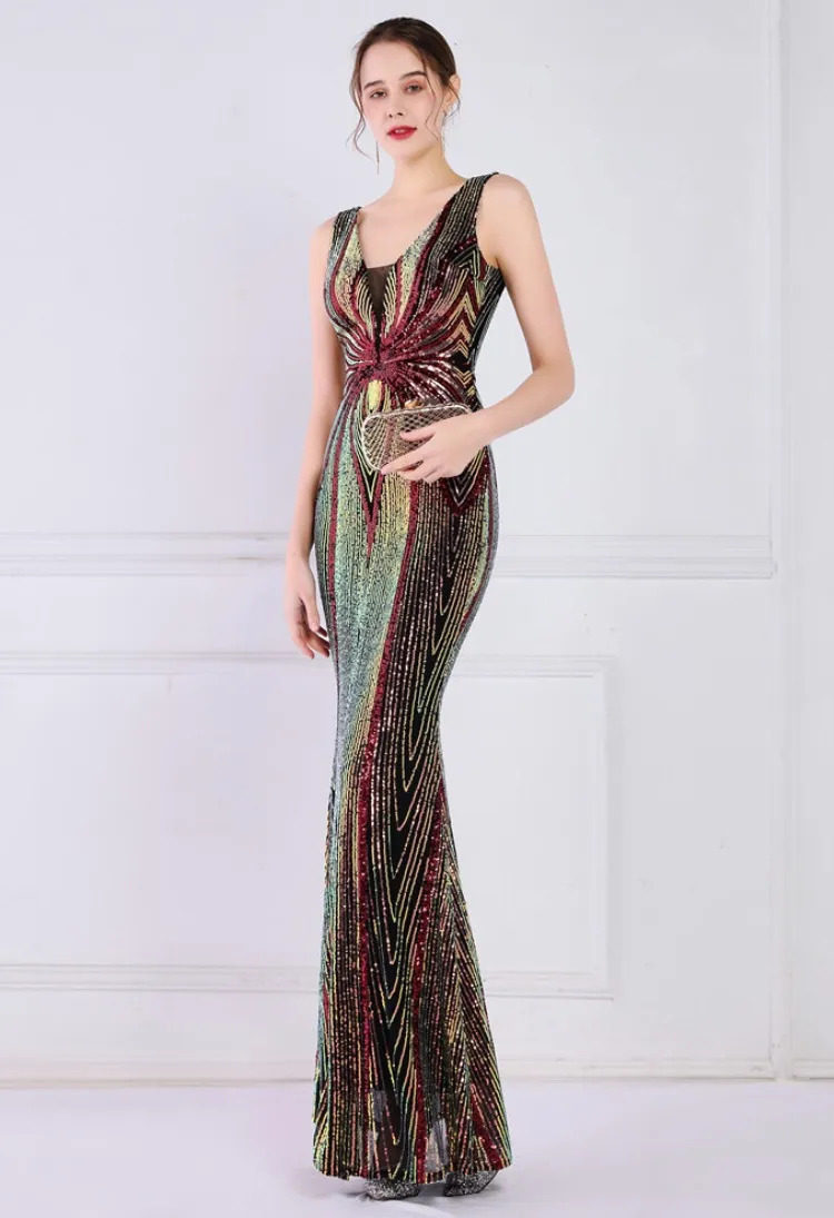 Women Summer Red Formal V-neck Sleeveless Patchwork Sequined Mermaid Evening Dress