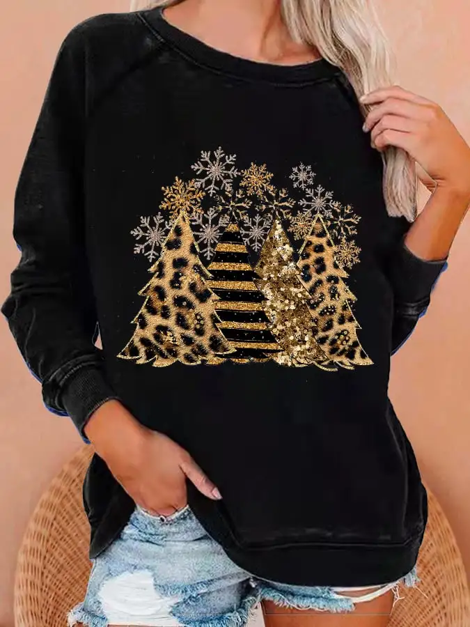 Women's Leopard Christmas Tree Print Casual Sweatshirt