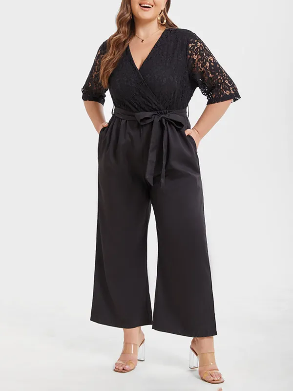 Contrast Lace Pocket Belted Jumpsuit