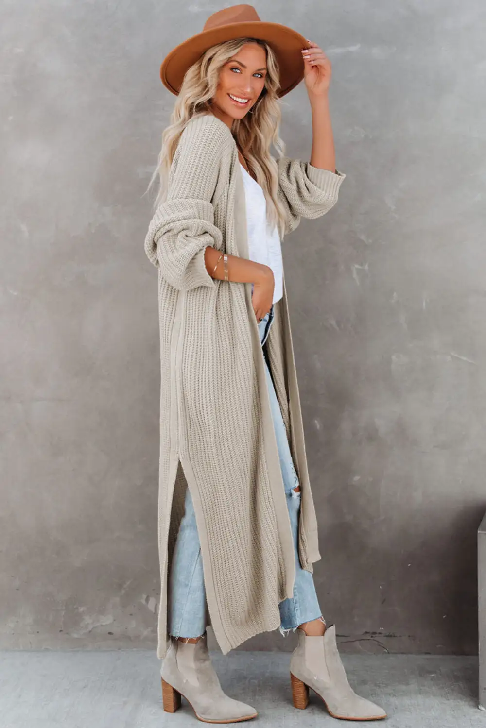 Open Front Side Slit Duster Knit Cardigan