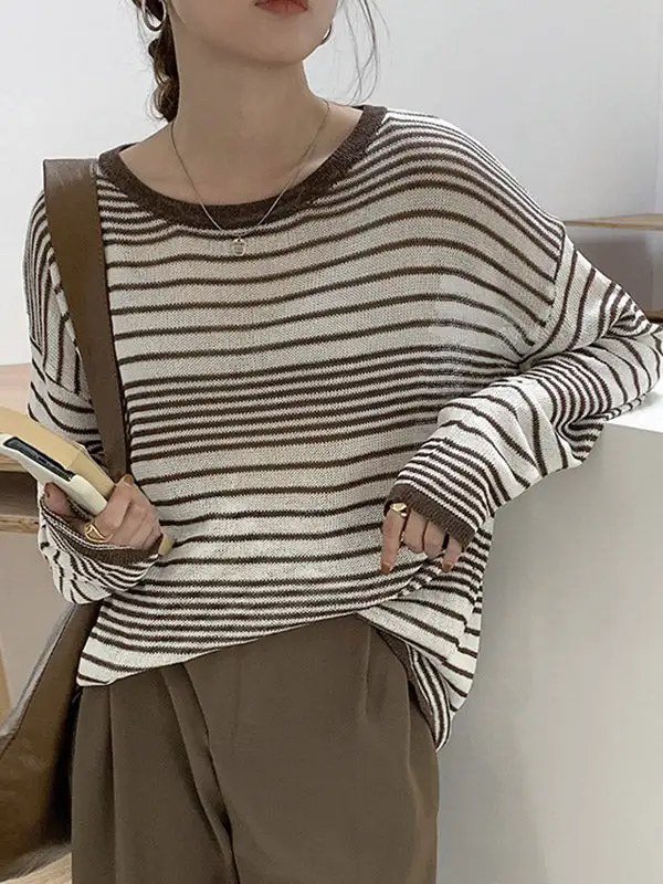 Casual Striped Round-Neck Long Sleeves Knitwear Tops