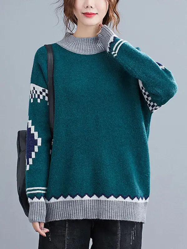 Artistic Retro Loose Color Matching High-Neck Long Sleeves Knitted Sweater Tops