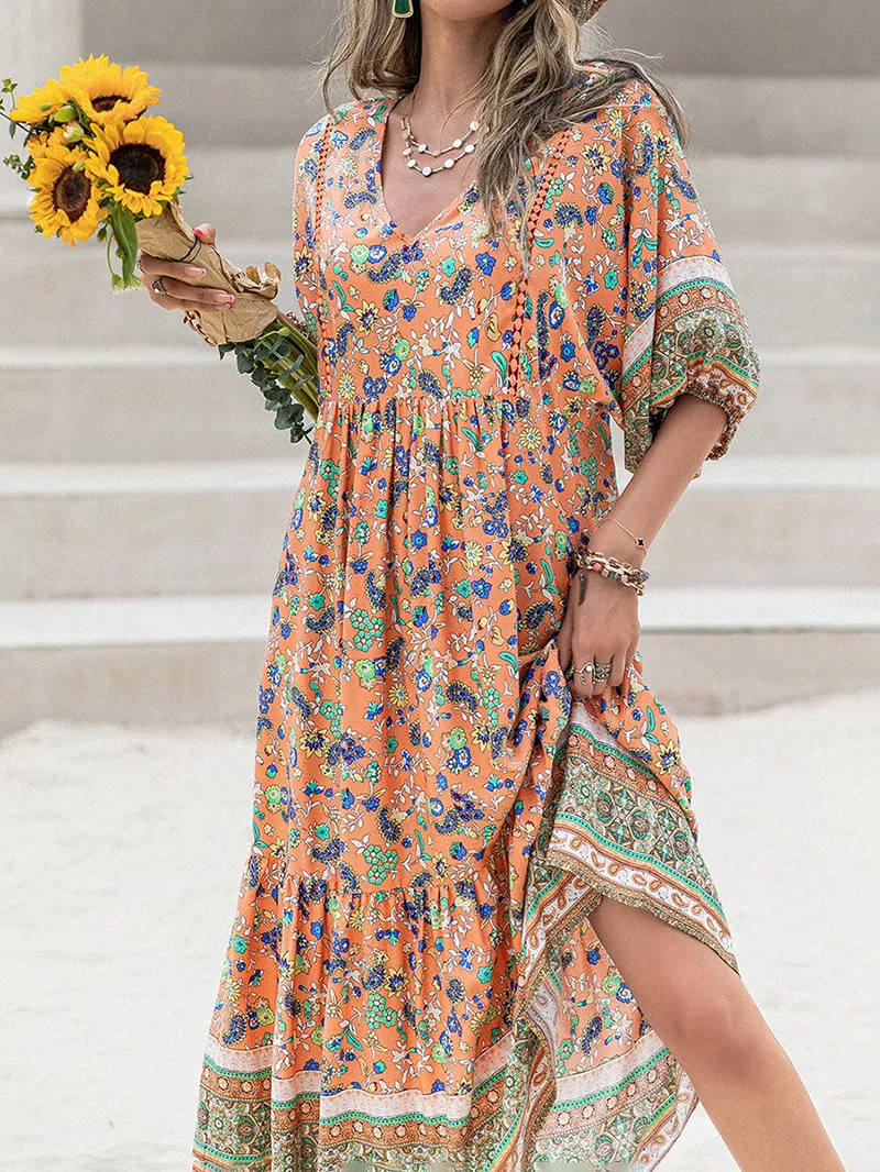 Printed V-Neck Short Sleeve Midi Dress