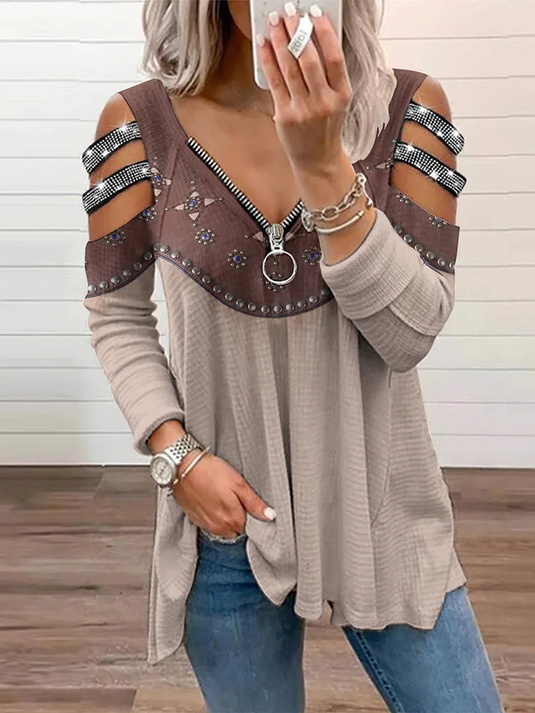 Women's Western Style Studded Contrast Hollow T-Shirt