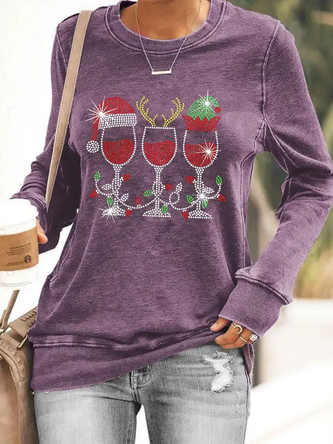 Women's Christmas Elf Deer Santa Hat Red Wine Glass Sweatshirt