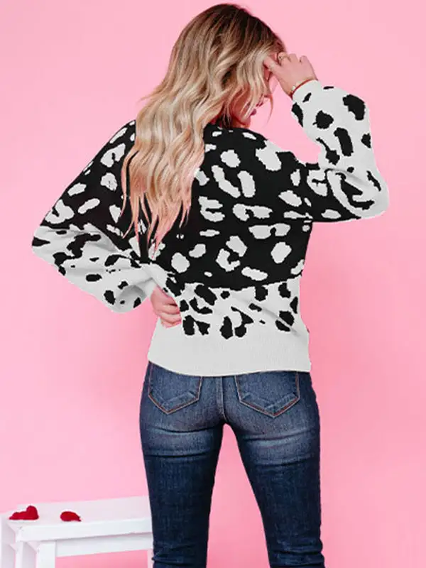 Urban Puff Sleeves Leopard Two-Tone Round-Neck Sweater Tops