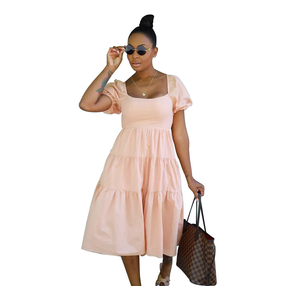 Women Summer  Lace-Up  Short Sleeve With Backside Bow Knot Midi Dress