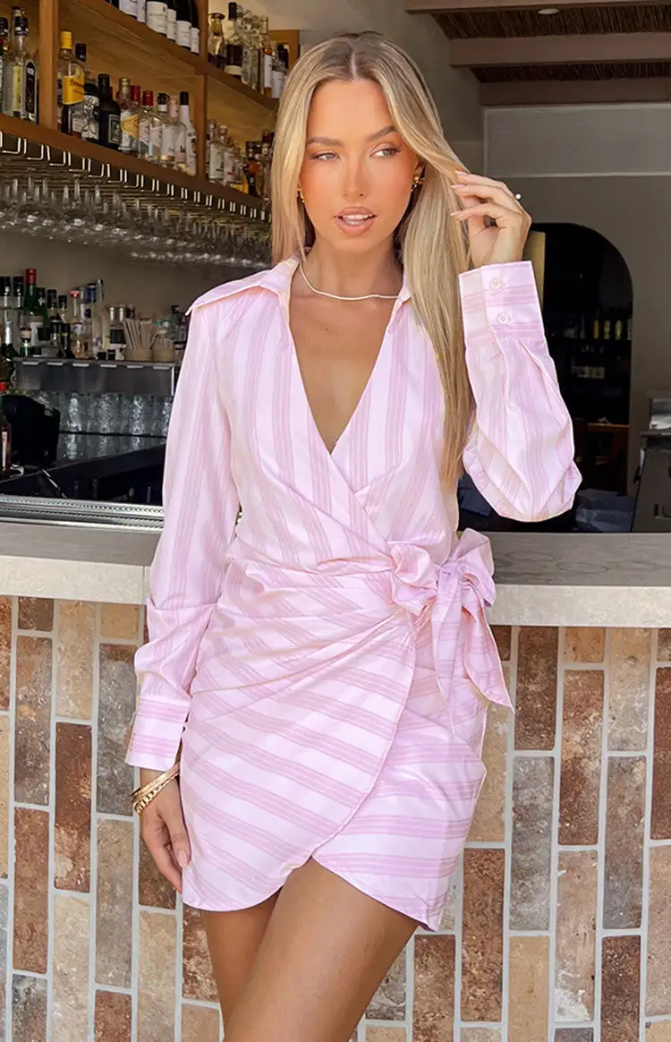 Holly Pink Stripe Tie Up Shirt Mini Dress