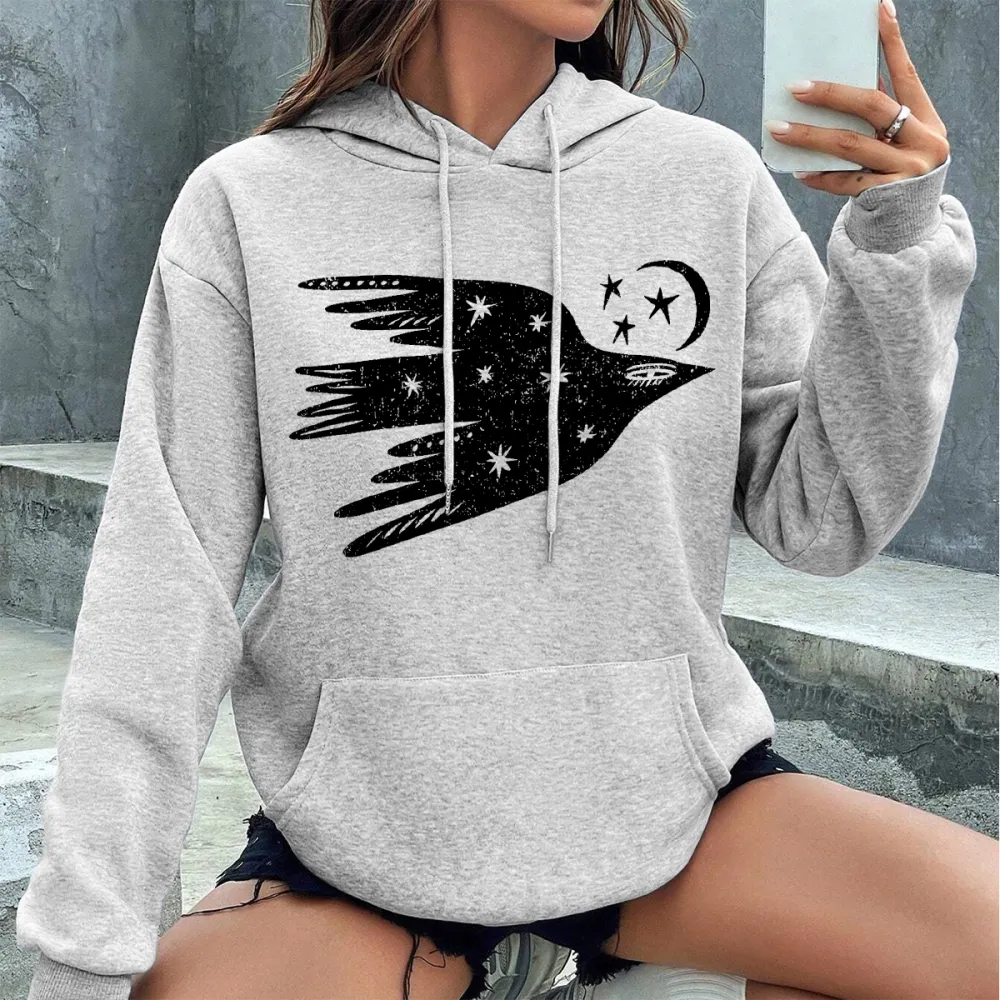 BIRD MOON PATTERN PRINTED HOODIE