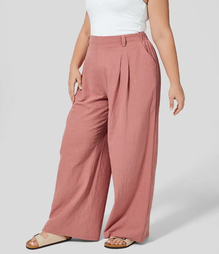 High Waisted Plicated Side Pocket Wide Leg Flowy Casual Plus Size Pants