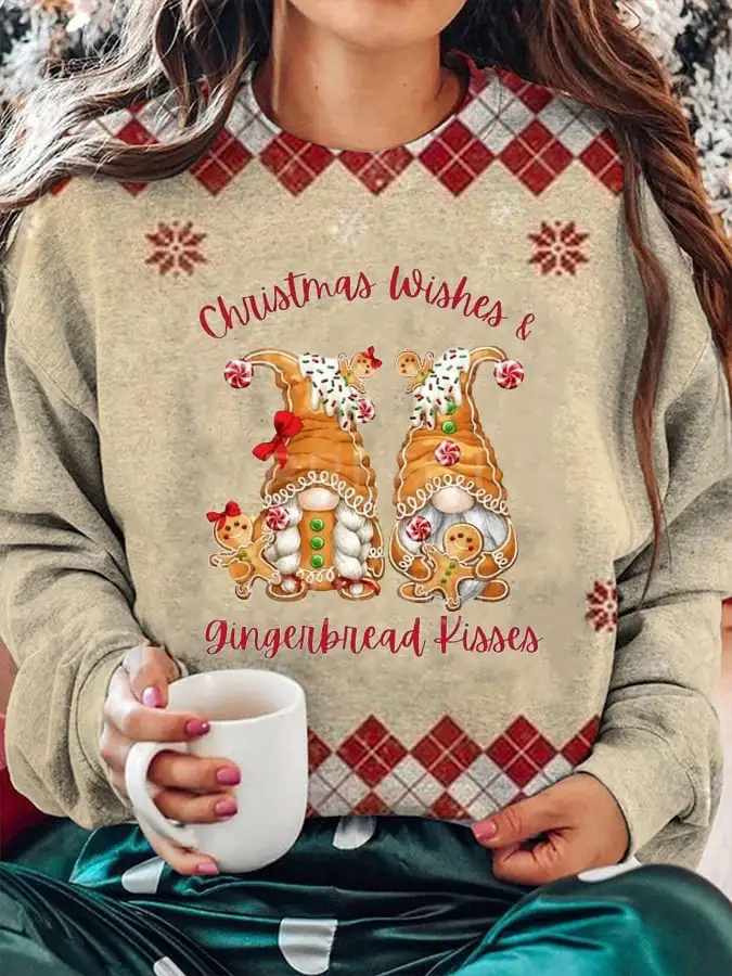 Women's Christmas Wishes And Gingerbread Kisses Print Casual Sweatshirt