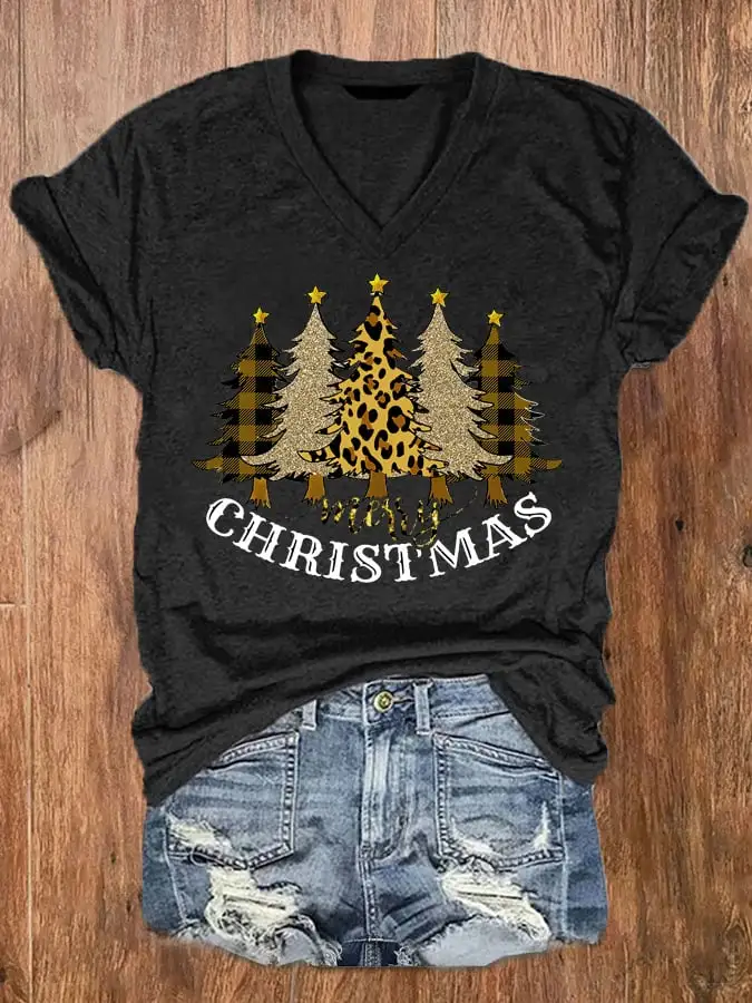 Women's Merry   Shiny Leopard   Tree V-Neck Tee