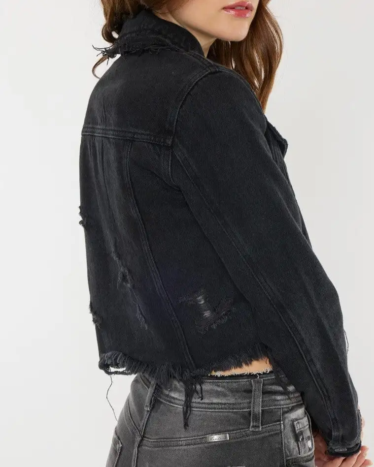 Crop Fray Hem Jacket - Black