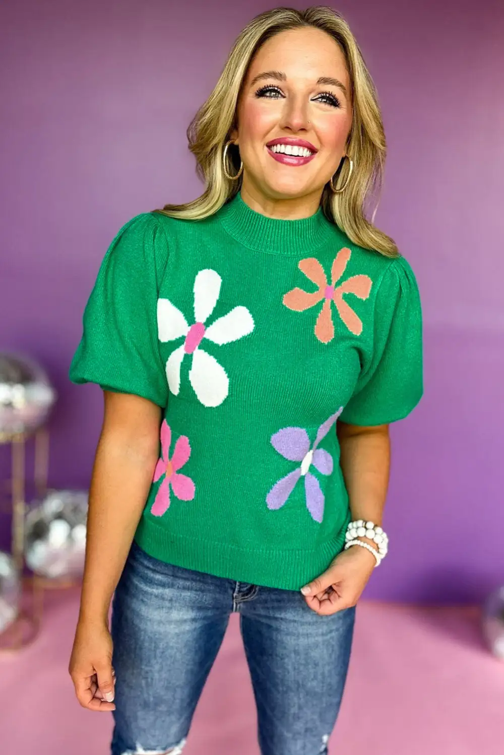 Floral Bubble Short Sleeve Sweater