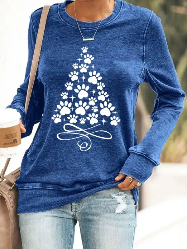 Women's Christmas Paws Tree Print Casual Sweatshirt