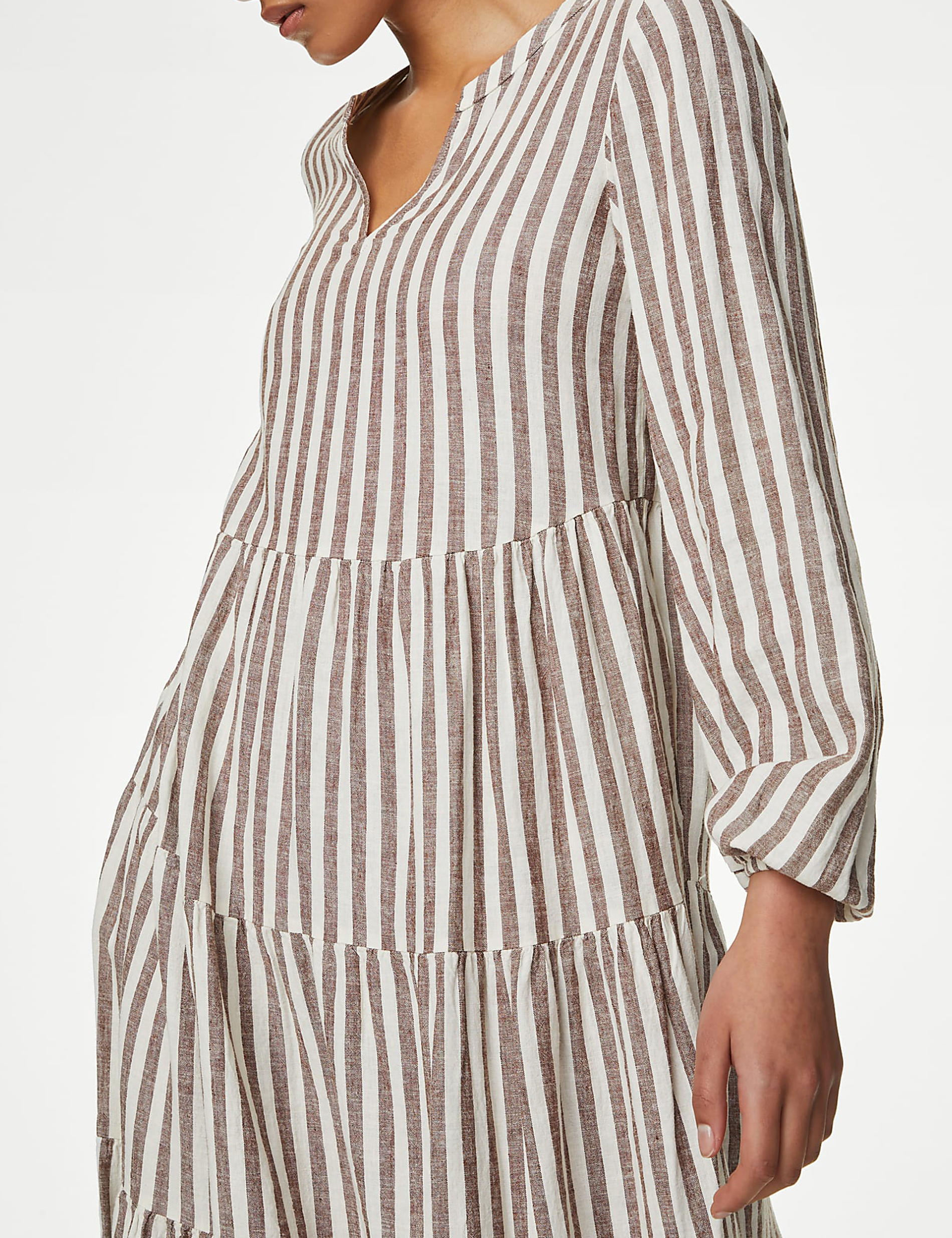 Linen Rich Striped V-Neck Midaxi Tiered Dress