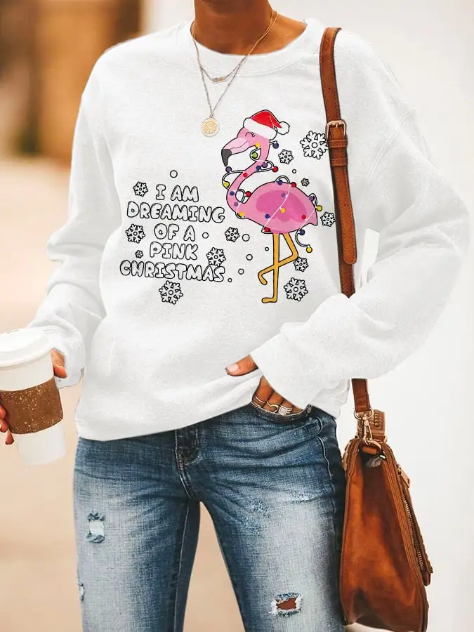 Women'S Casual I Am Dreaming Of A Pink Christmas Printed Long Sleeve Sweatshirt