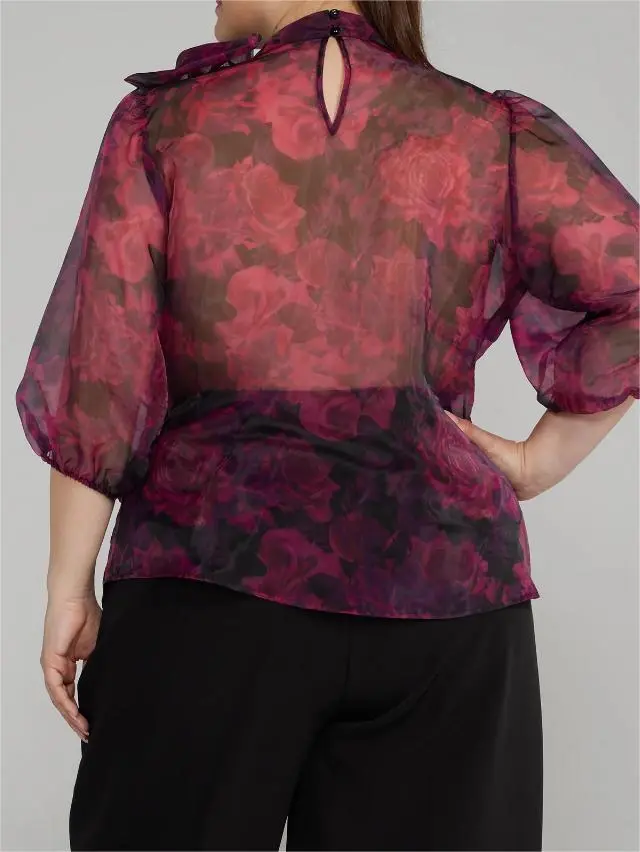 Bow Detail Floral Print Sheer Blouse