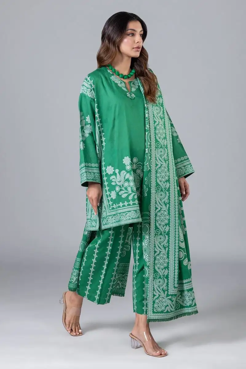 3 Piece Kurta Embroidered | Dupatta& Bottom & Tops | Color Green