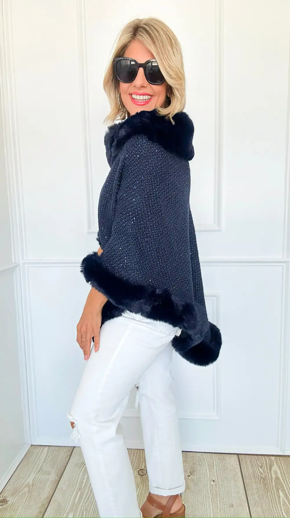 Midnight Glam Faux Fur Poncho - Navy