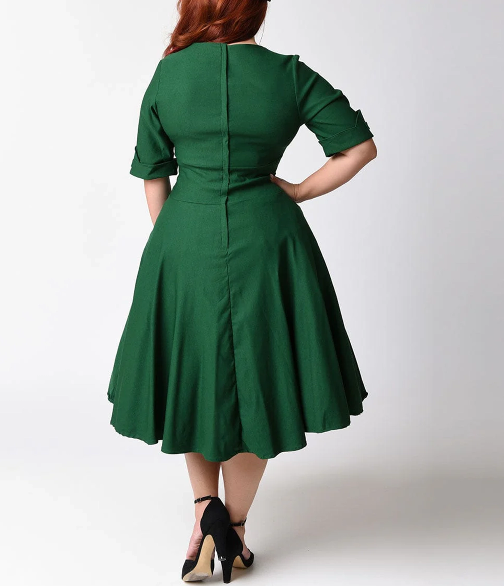 Unique Vintage Plus Size Emerald Green Delores Swing Dress With Sleeves