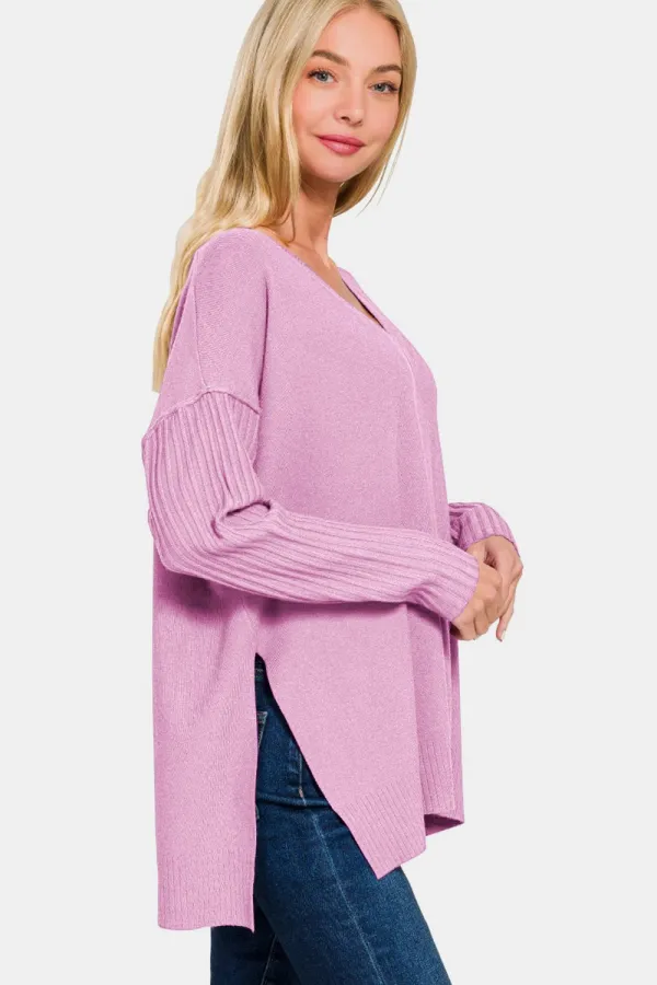 V-Neck Side Slit High-Low Sweater - Mauve