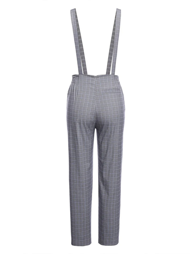 GRAY 1950S PLAIDS SUSPENDER PANTS