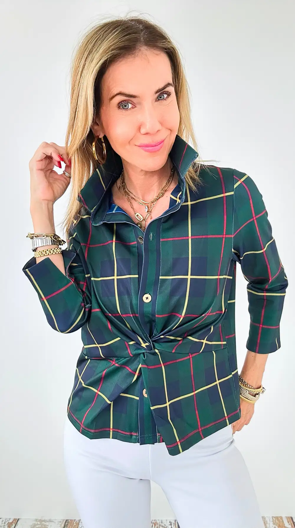 Highland Twist Tartan Blouse- Green