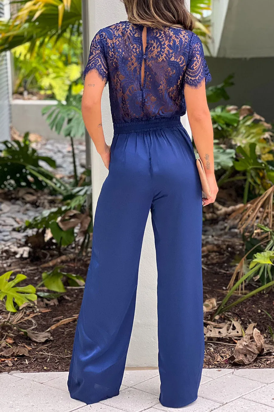 Navy Jumpsuit With Lace Back And Sleeves