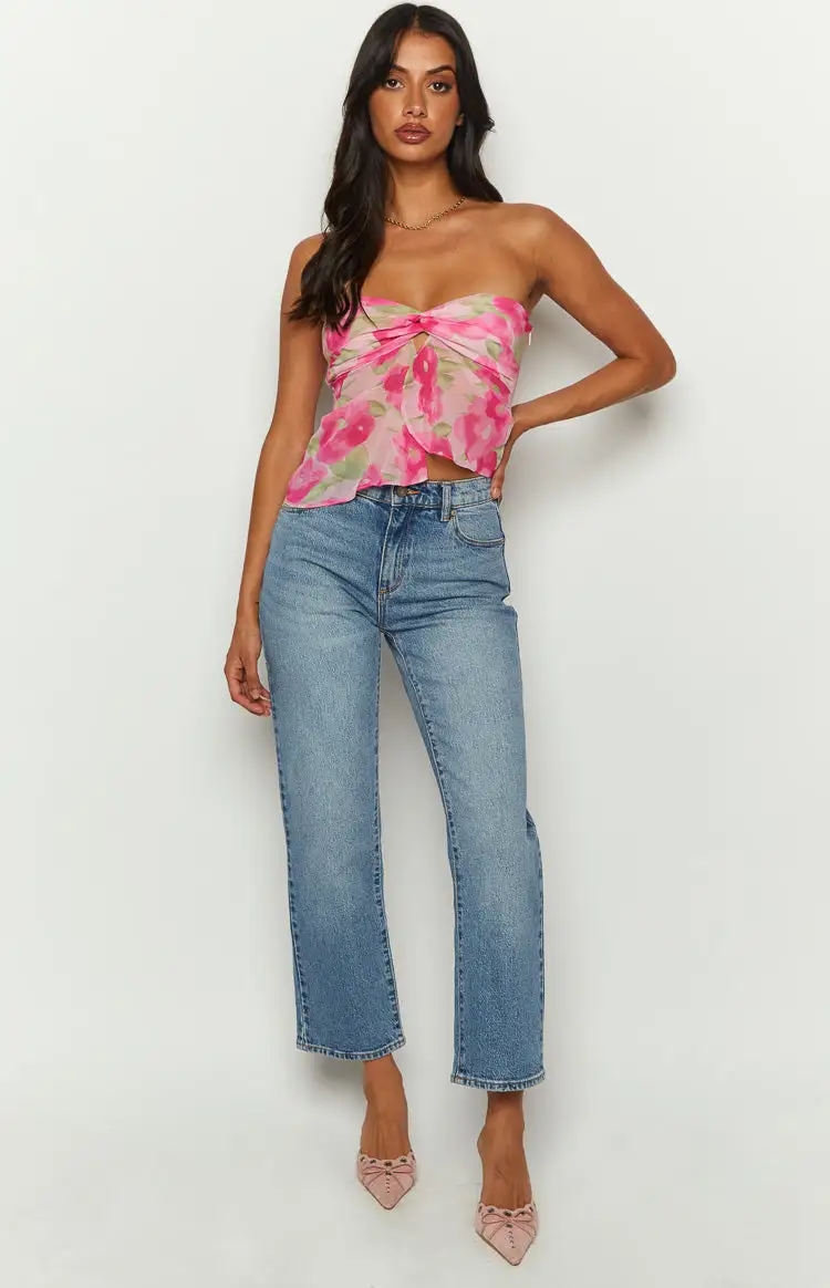 Jacqulin Pink Floral Print Strapless Top