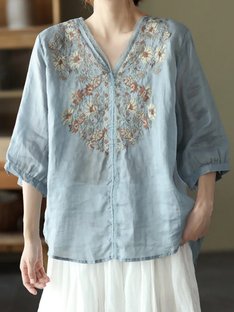 Women's Casual Retro Ethnic Embroidery Cotton Shirt