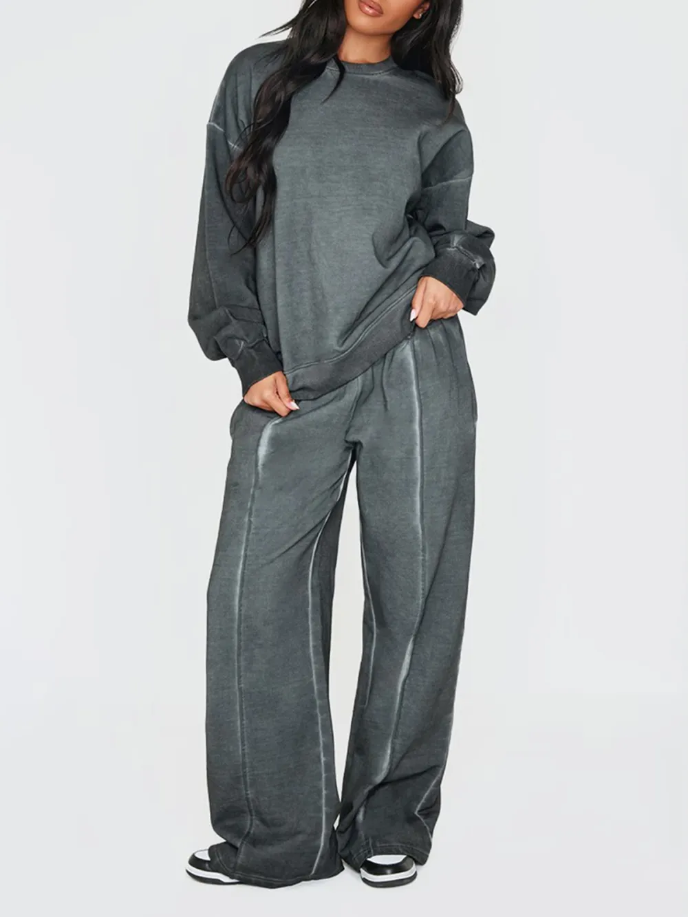 Washed Charcoal Premium Waist Wide Leg Sweatpants