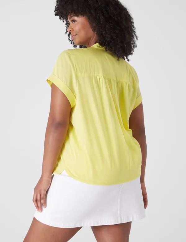 Relaxed Ruffle Notch-Neck Woven-Front Top