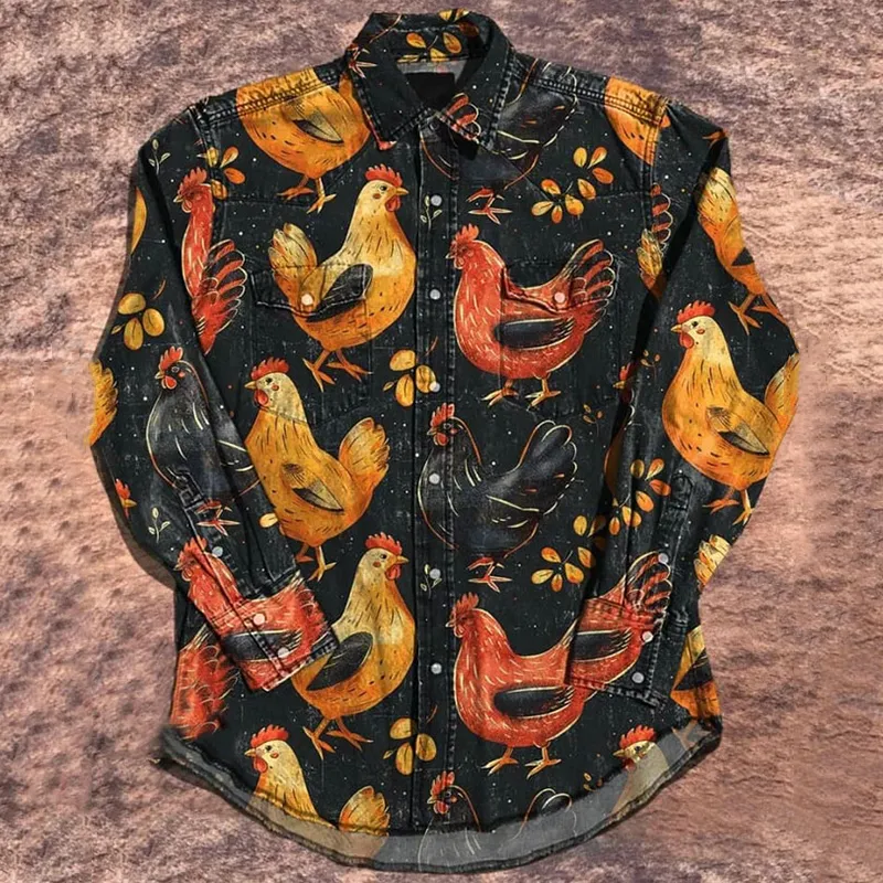 Unisex Vintage Chicken Print Casual Shirt