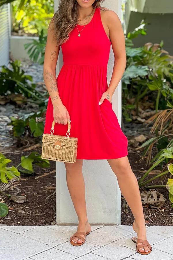 Red Racerback Short Dress With Pockets