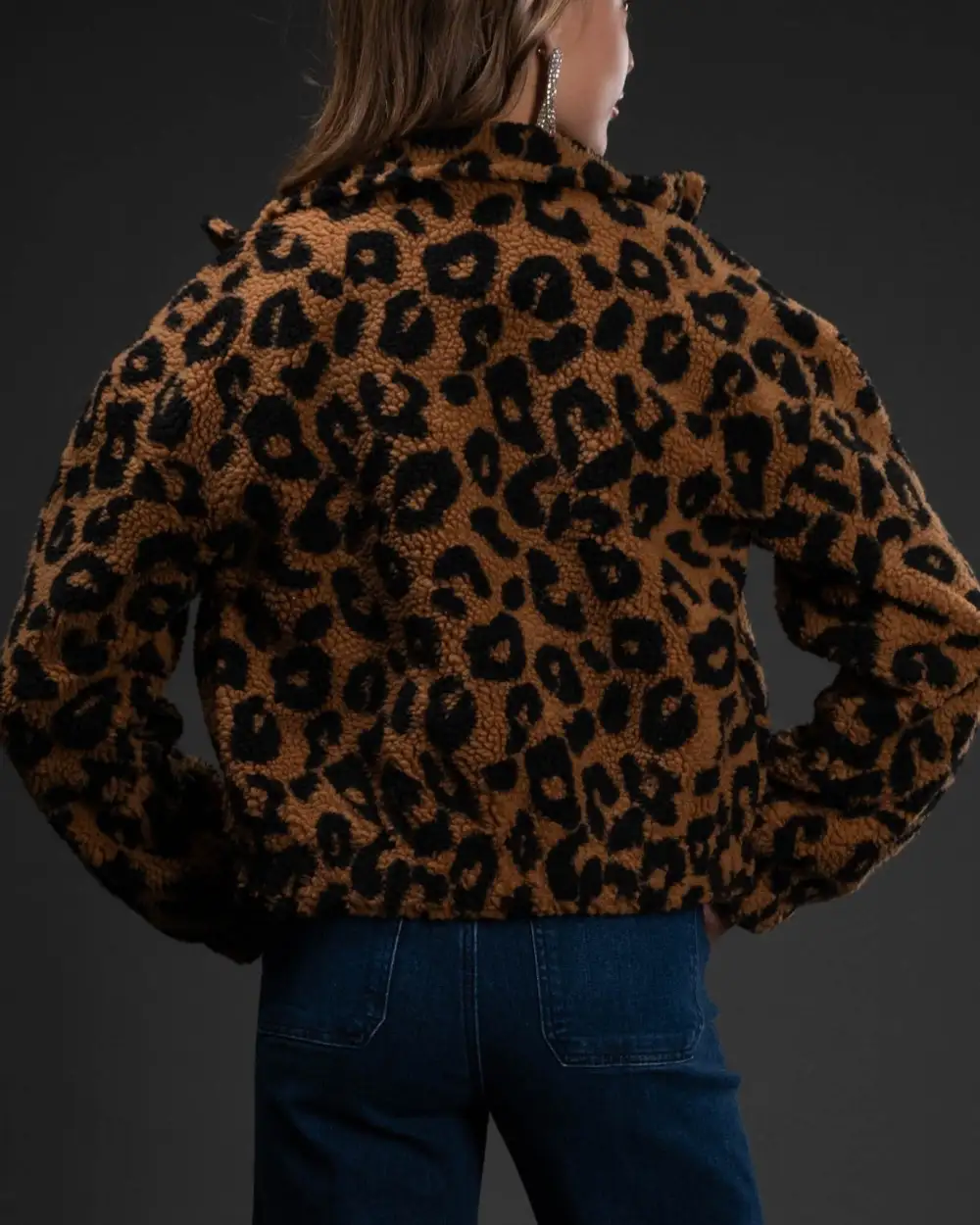 Leopard Faux Sherpa Zip Up Jacket - Camel