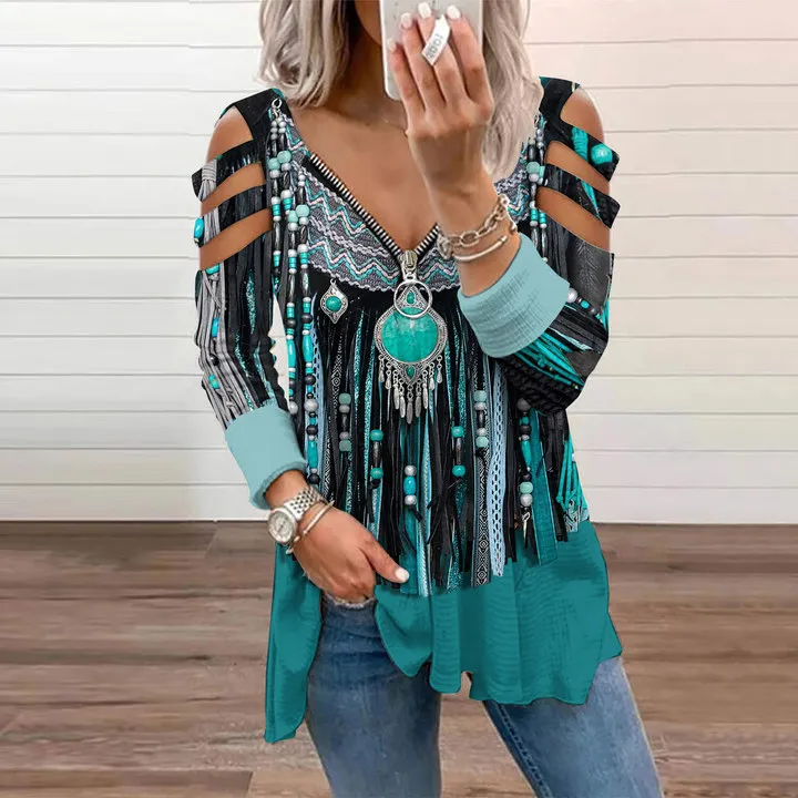 Western Fringed Print Off-The-Shoulder Long Sleeved T-Shirt