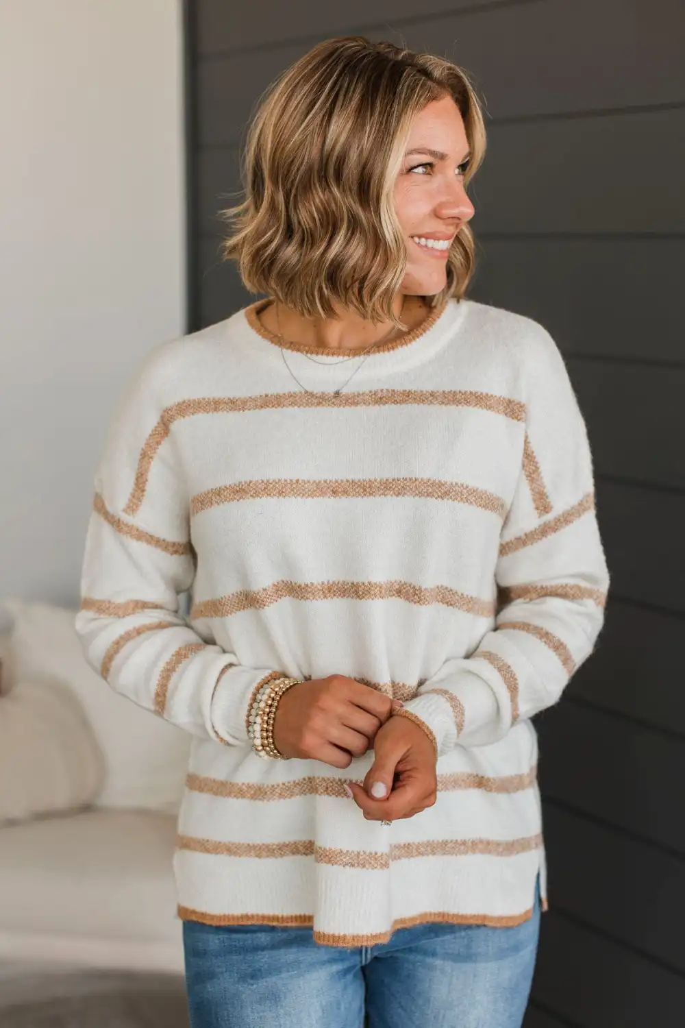 Undivided Attention Striped Sweater- Ivory & Honey